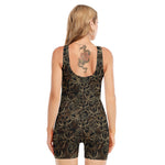 Black And Gold Lotus Pattern Print Sleeveless One Piece Swimsuit
