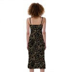 Black And Gold Lotus Pattern Print Slim Fit Midi Cami Dress
