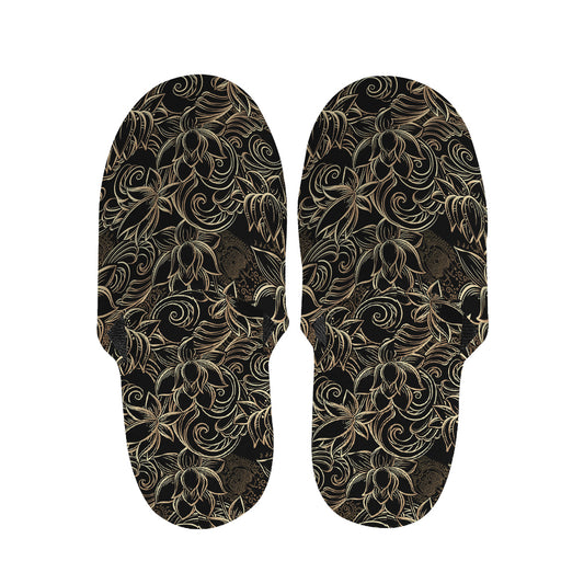 Black And Gold Lotus Pattern Print Slippers