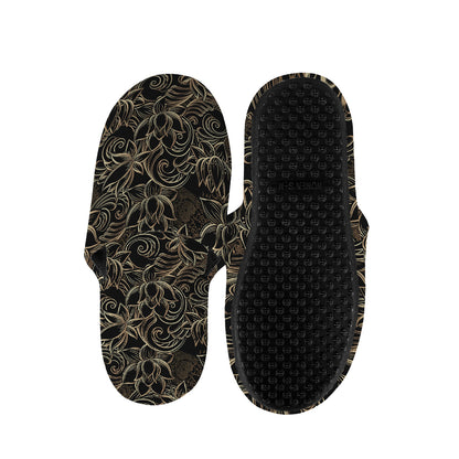 Black And Gold Lotus Pattern Print Slippers
