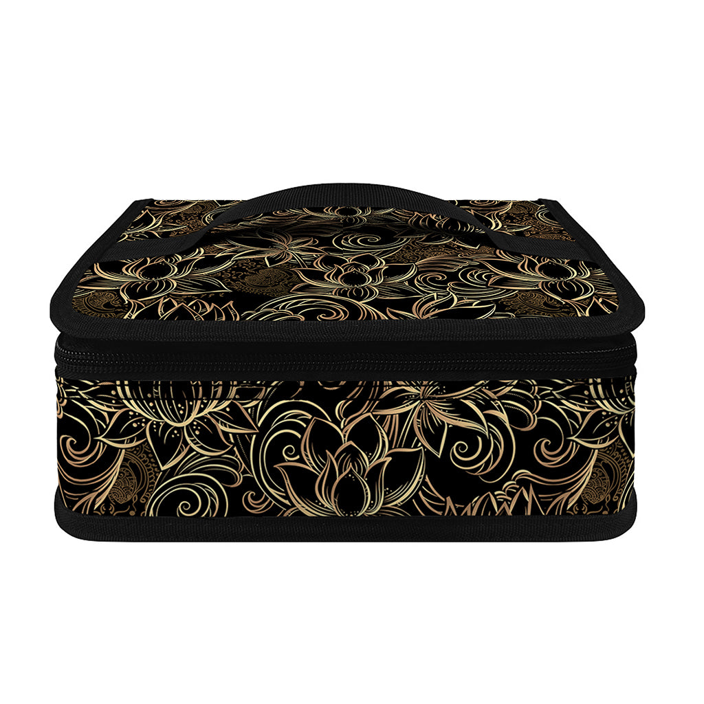 Black And Gold Lotus Pattern Print Small Lunch Bag