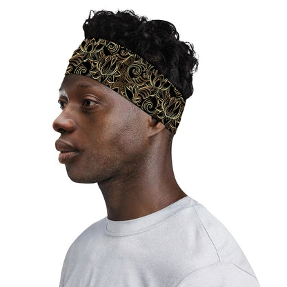 Black And Gold Lotus Pattern Print Sports Headband