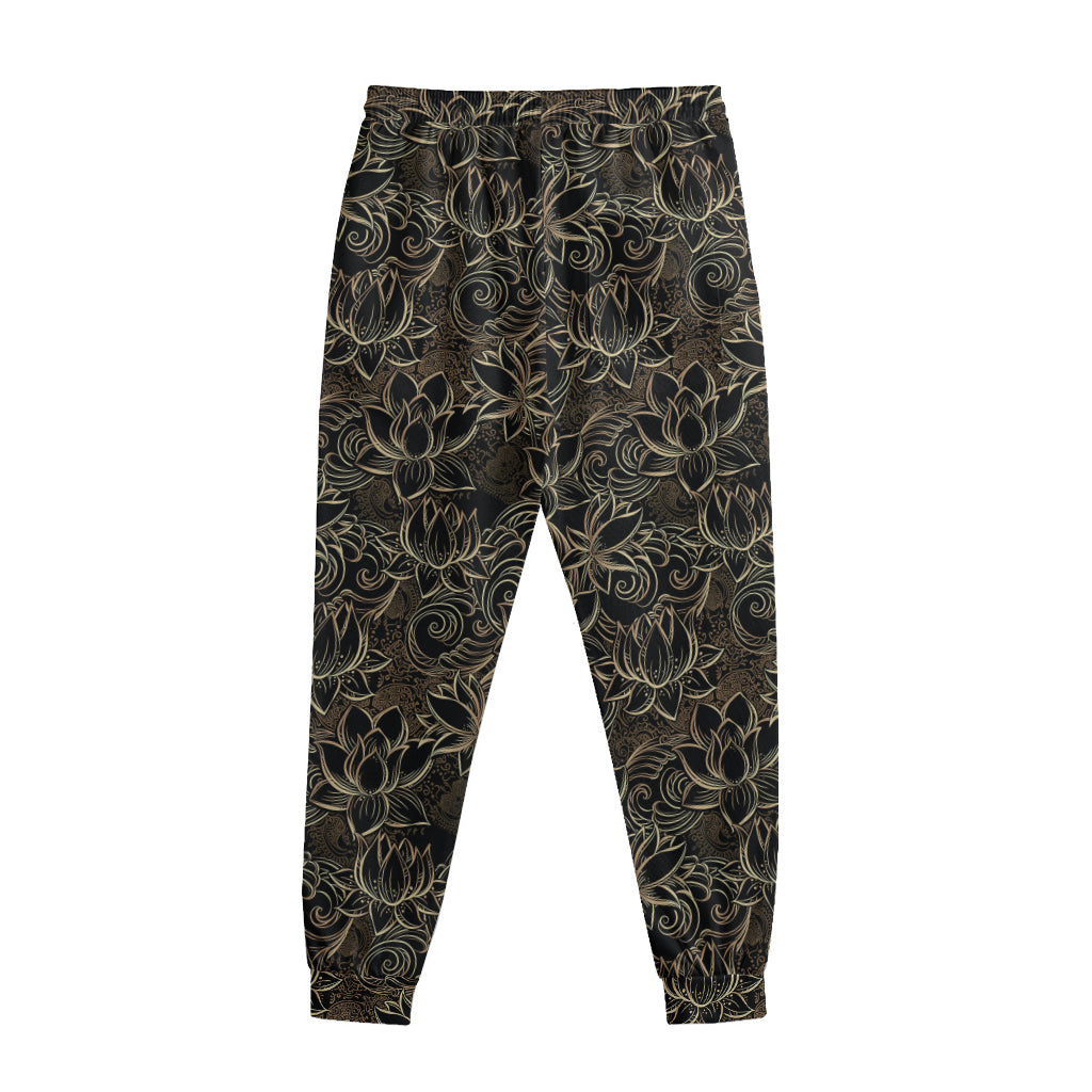 Black And Gold Lotus Pattern Print Sweatpants