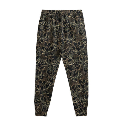 Black And Gold Lotus Pattern Print Sweatpants