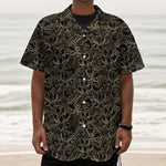 Black And Gold Lotus Pattern Print Textured Short Sleeve Shirt