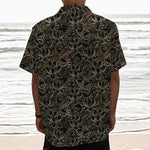 Black And Gold Lotus Pattern Print Textured Short Sleeve Shirt