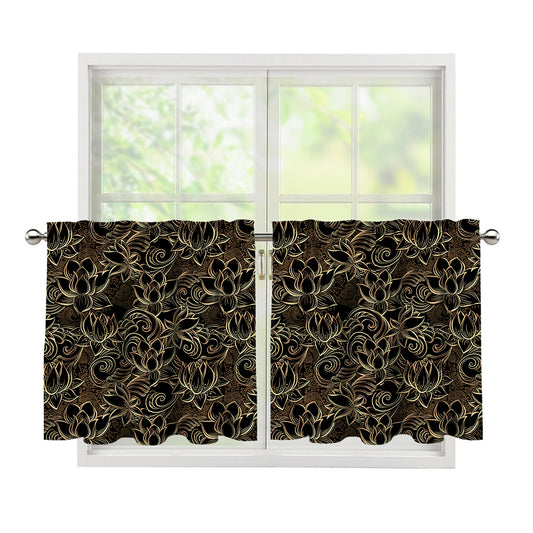 Black And Gold Lotus Pattern Print Tier Curtains