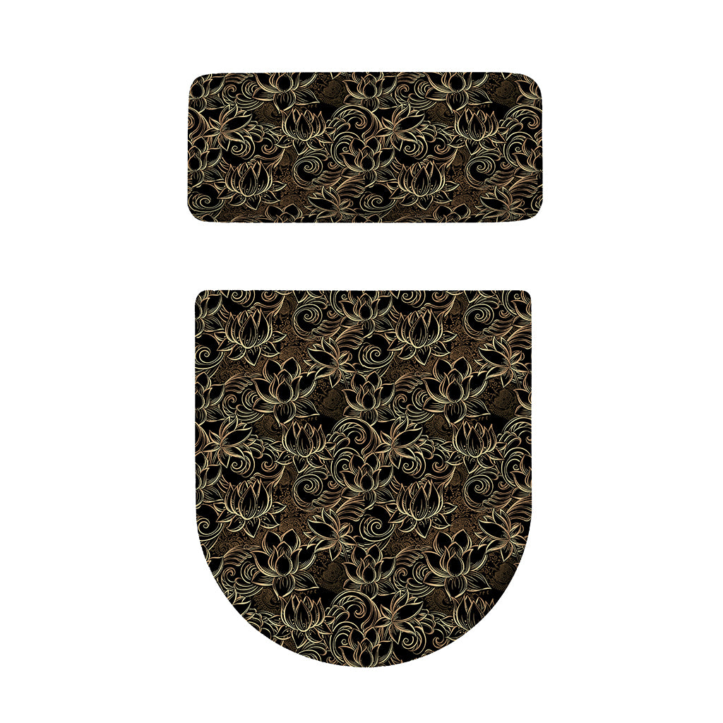 Black And Gold Lotus Pattern Print Toilet Lid And Tank Cover Set