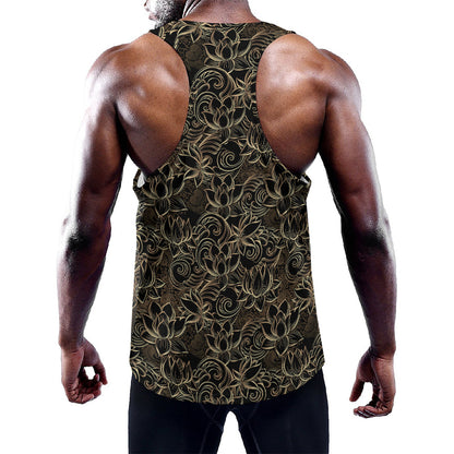 Black And Gold Lotus Pattern Print Training Tank Top