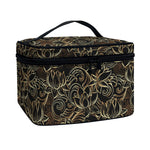 Black And Gold Lotus Pattern Print Travel Makeup Bag