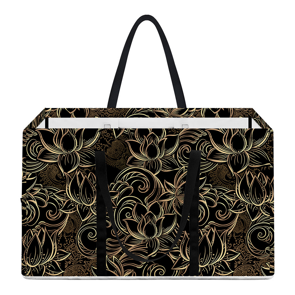 Black And Gold Lotus Pattern Print Utility Tote Bag