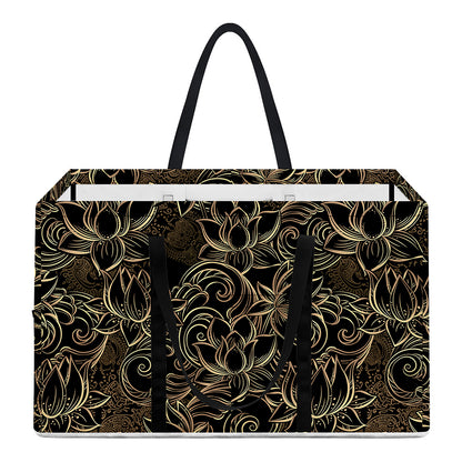 Black And Gold Lotus Pattern Print Utility Tote Bag