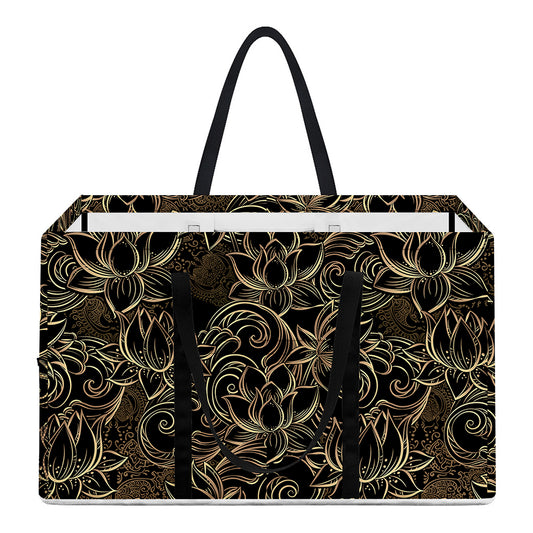 Black And Gold Lotus Pattern Print Utility Tote Bag