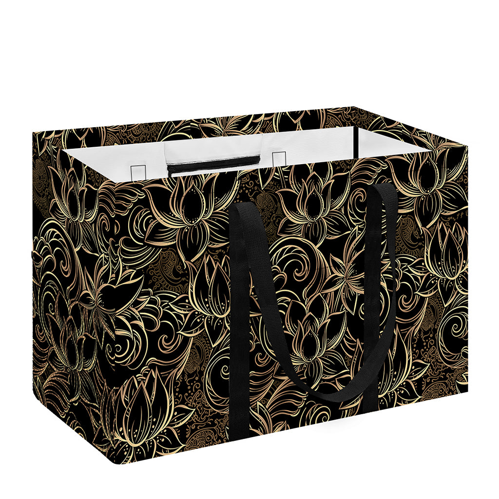 Black And Gold Lotus Pattern Print Utility Tote Bag