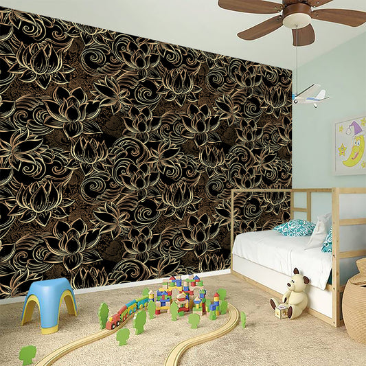 Black And Gold Lotus Pattern Print Wall Sticker