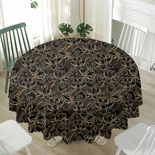Black And Gold Lotus Pattern Print Waterproof Round Tablecloth