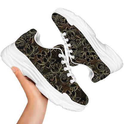 Black And Gold Lotus Pattern Print White Chunky Shoes