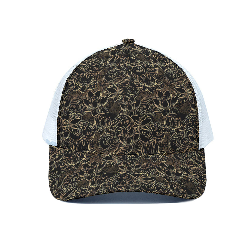 Black And Gold Lotus Pattern Print White Mesh Trucker Cap