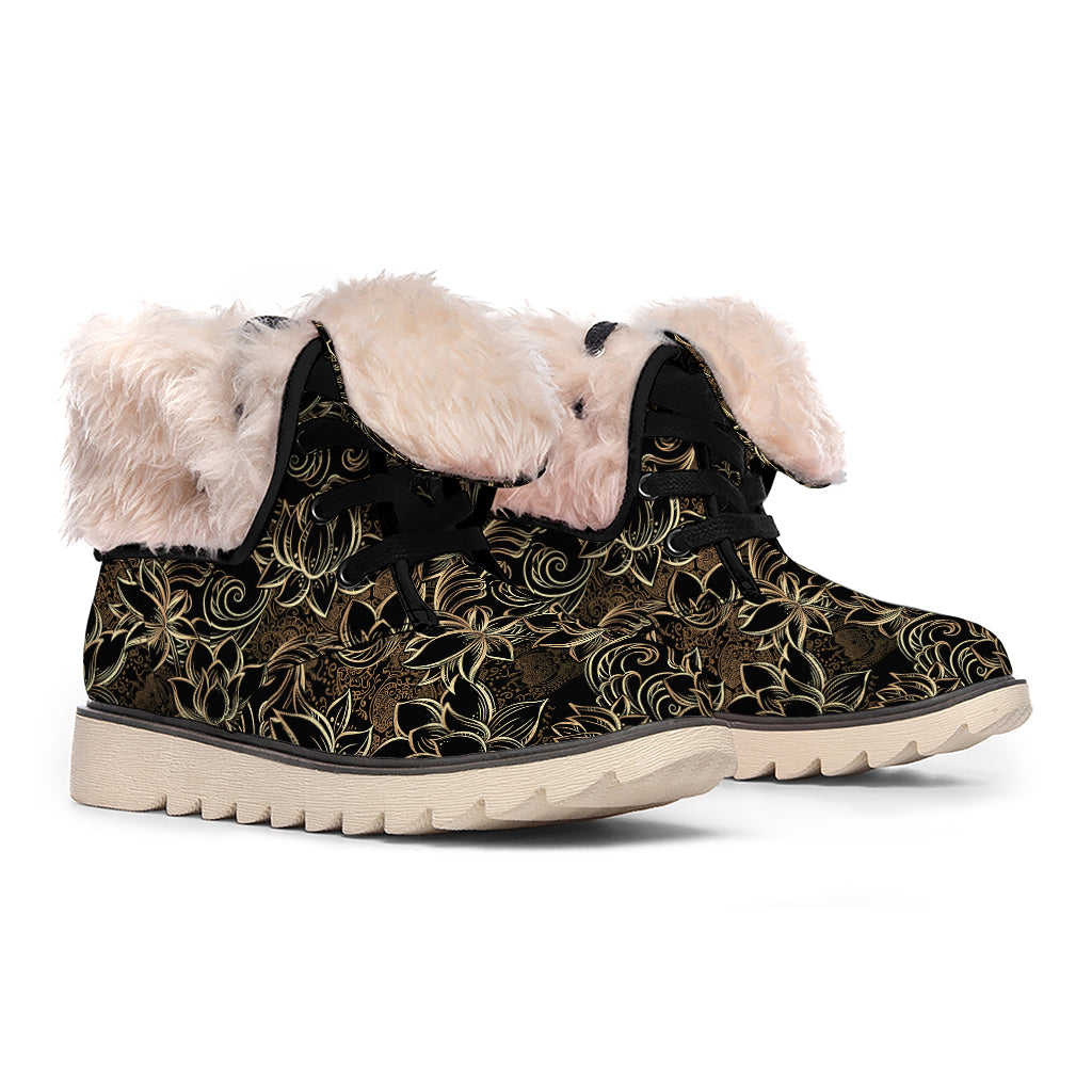 Black And Gold Lotus Pattern Print Winter Boots