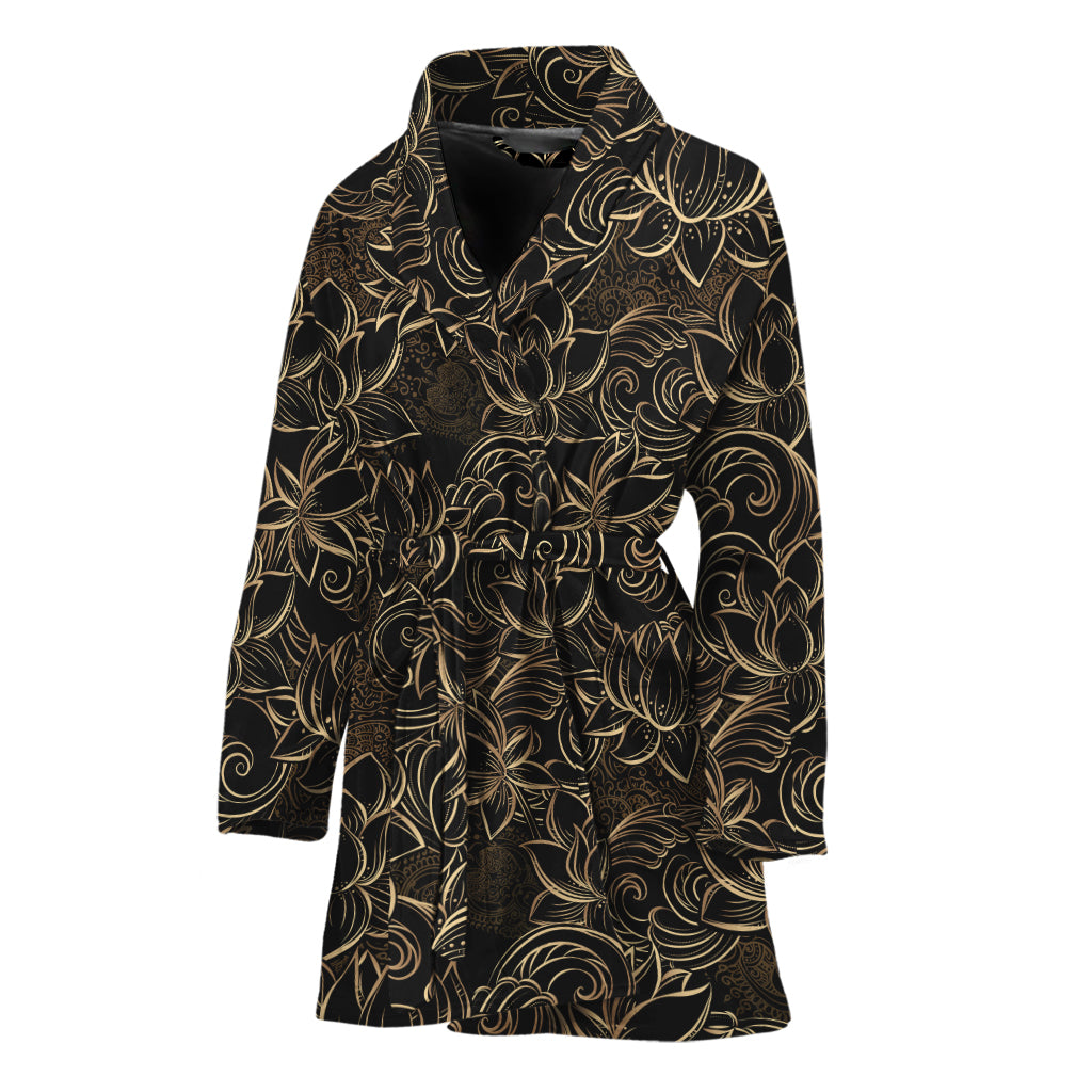 Black And Gold Lotus Pattern Print Women's Bathrobe