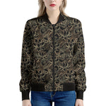 Black And Gold Lotus Pattern Print Women's Bomber Jacket