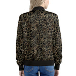 Black And Gold Lotus Pattern Print Women's Bomber Jacket