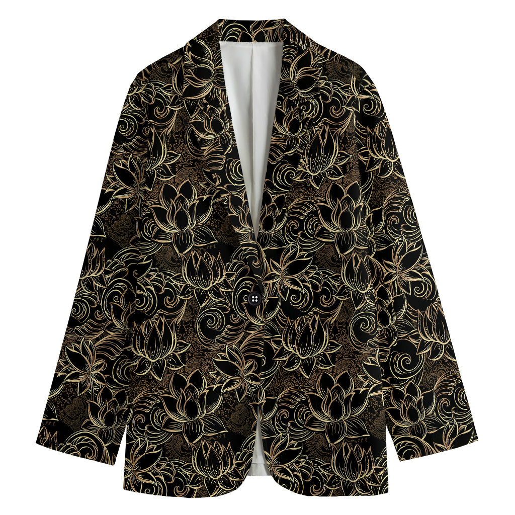 Black And Gold Lotus Pattern Print Women's Cotton Blazer