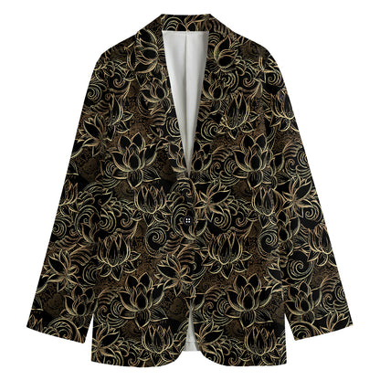 Black And Gold Lotus Pattern Print Women's Cotton Blazer