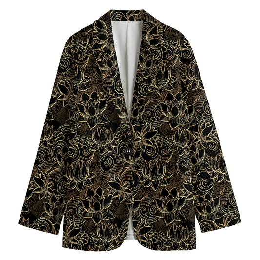 Black And Gold Lotus Pattern Print Women's Cotton Blazer