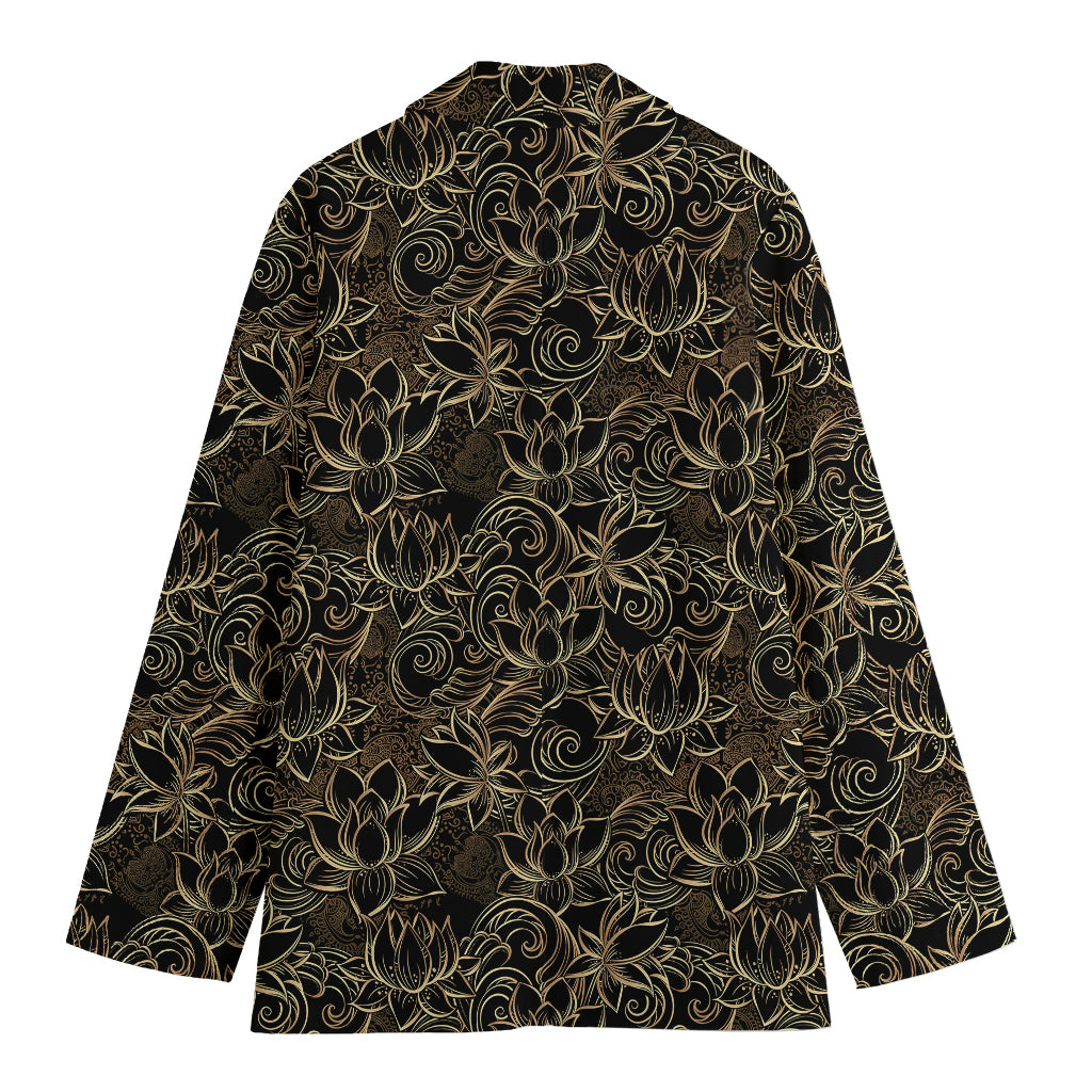 Black And Gold Lotus Pattern Print Women's Cotton Blazer