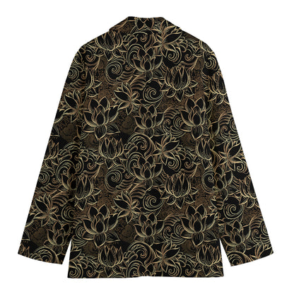Black And Gold Lotus Pattern Print Women's Cotton Blazer