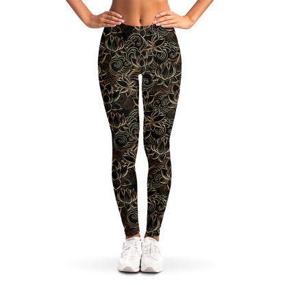 Black And Gold Lotus Pattern Print Women's Leggings