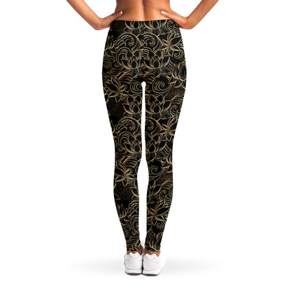 Black And Gold Lotus Pattern Print Women's Leggings