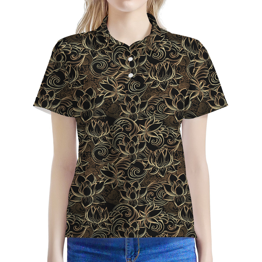 Black And Gold Lotus Pattern Print Women's Polo Shirt