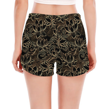 Black And Gold Lotus Pattern Print Women's Split Running Shorts