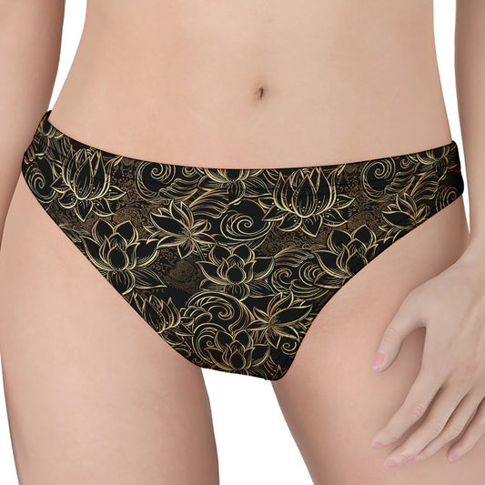 Black And Gold Lotus Pattern Print Women's Thong
