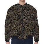 Black And Gold Lotus Pattern Print Zip Sleeve Bomber Jacket