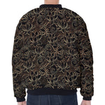 Black And Gold Lotus Pattern Print Zip Sleeve Bomber Jacket