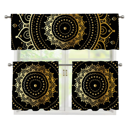 Black And Gold Mandala Print 3 Piece Kitchen Curtains