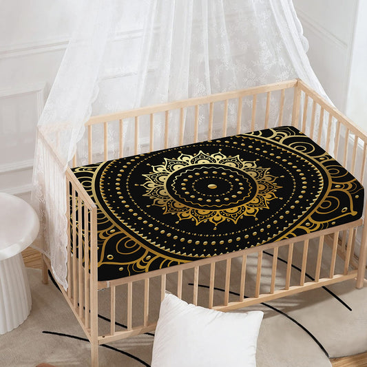 Black And Gold Mandala Print Baby Crib Sheet