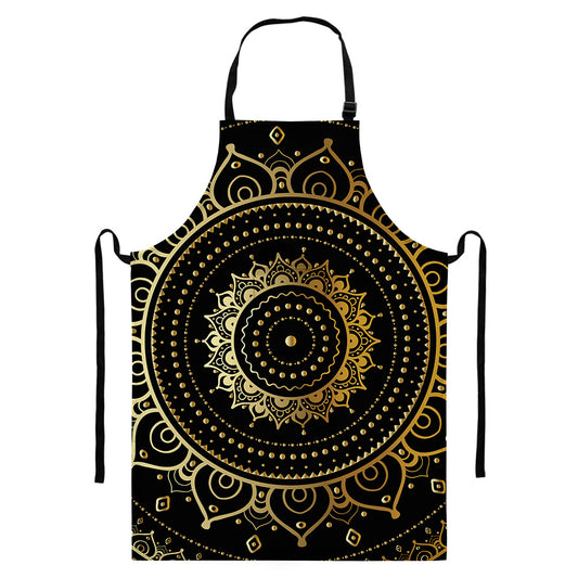 Black And Gold Mandala Print Bib Apron With Pocket
