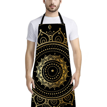 Black And Gold Mandala Print Bib Apron With Pocket