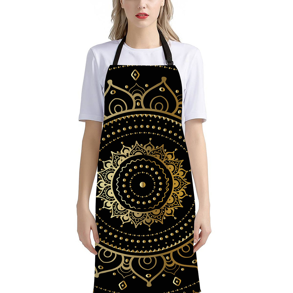 Black And Gold Mandala Print Bib Apron With Pocket