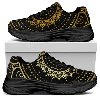 Black And Gold Mandala Print Black Chunky Shoes