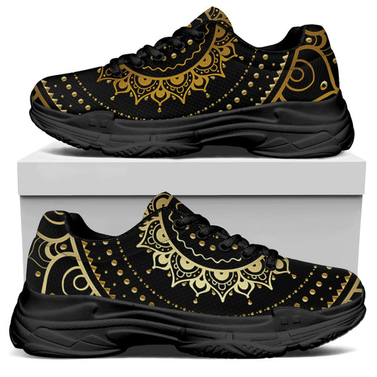 Black And Gold Mandala Print Black Chunky Shoes
