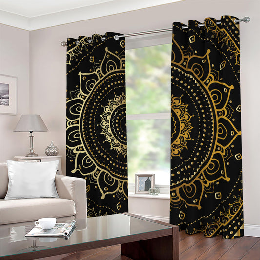 Black And Gold Mandala Print Blackout Grommet Curtains