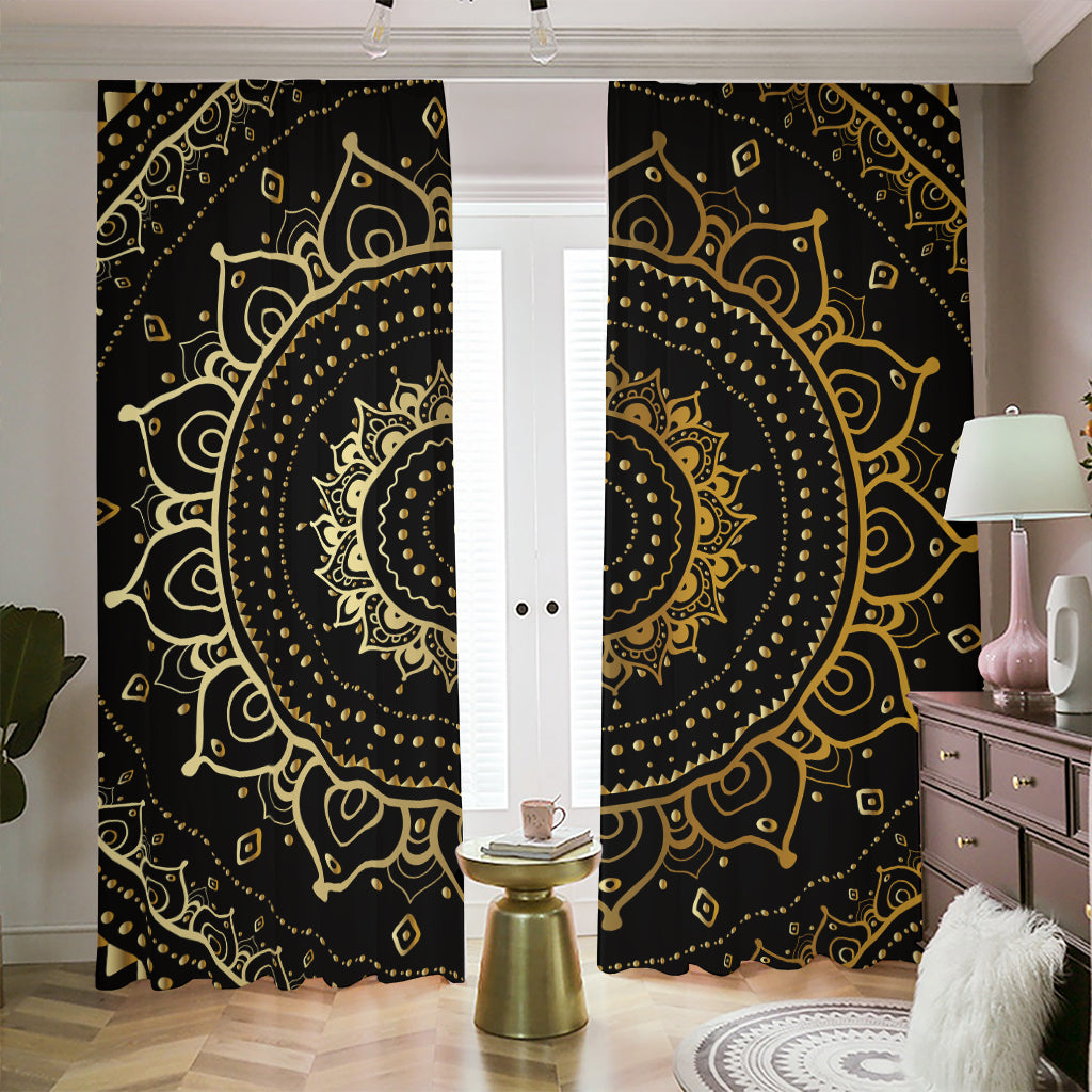 Black And Gold Mandala Print Blackout Pencil Pleat Curtains