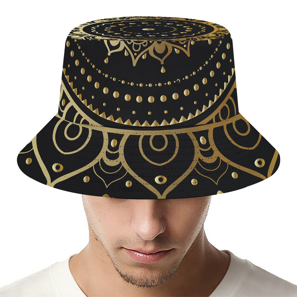 Black And Gold Mandala Print Bucket Hat