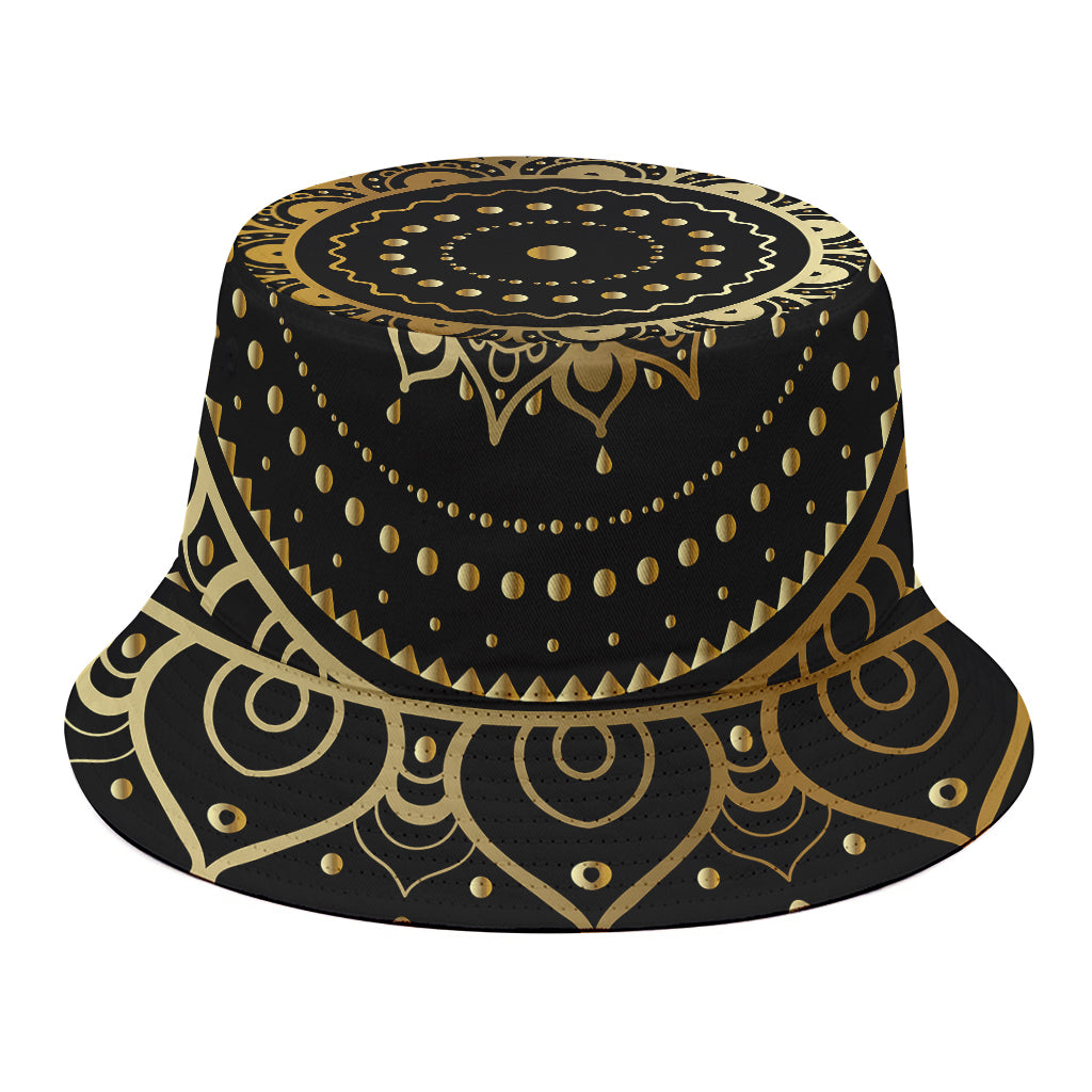 Black And Gold Mandala Print Bucket Hat