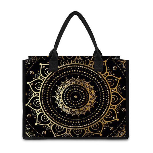 Black And Gold Mandala Print Canvas Tote Bag